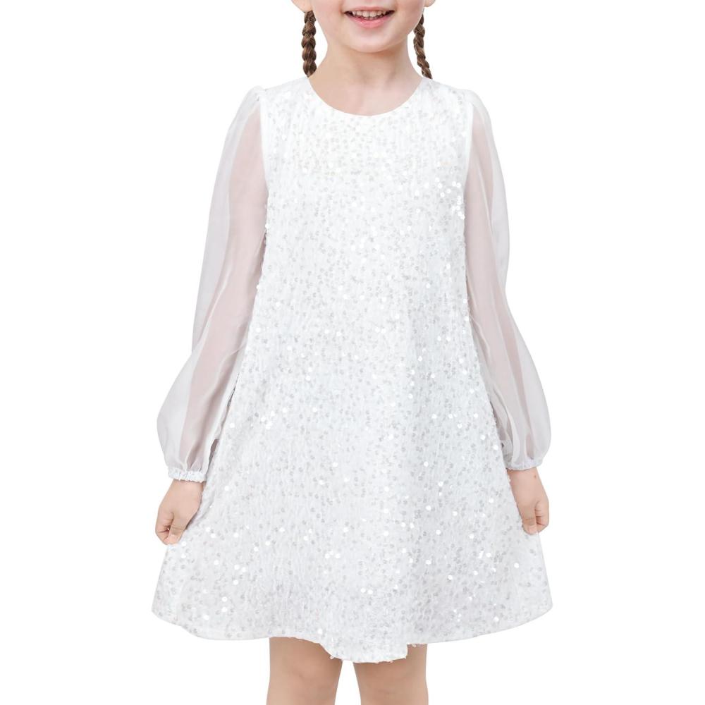 imageSunny Fashion Girls Dress Black Sequin Sheer Mesh Long Sleeve Party Elegant Ball GownWhite