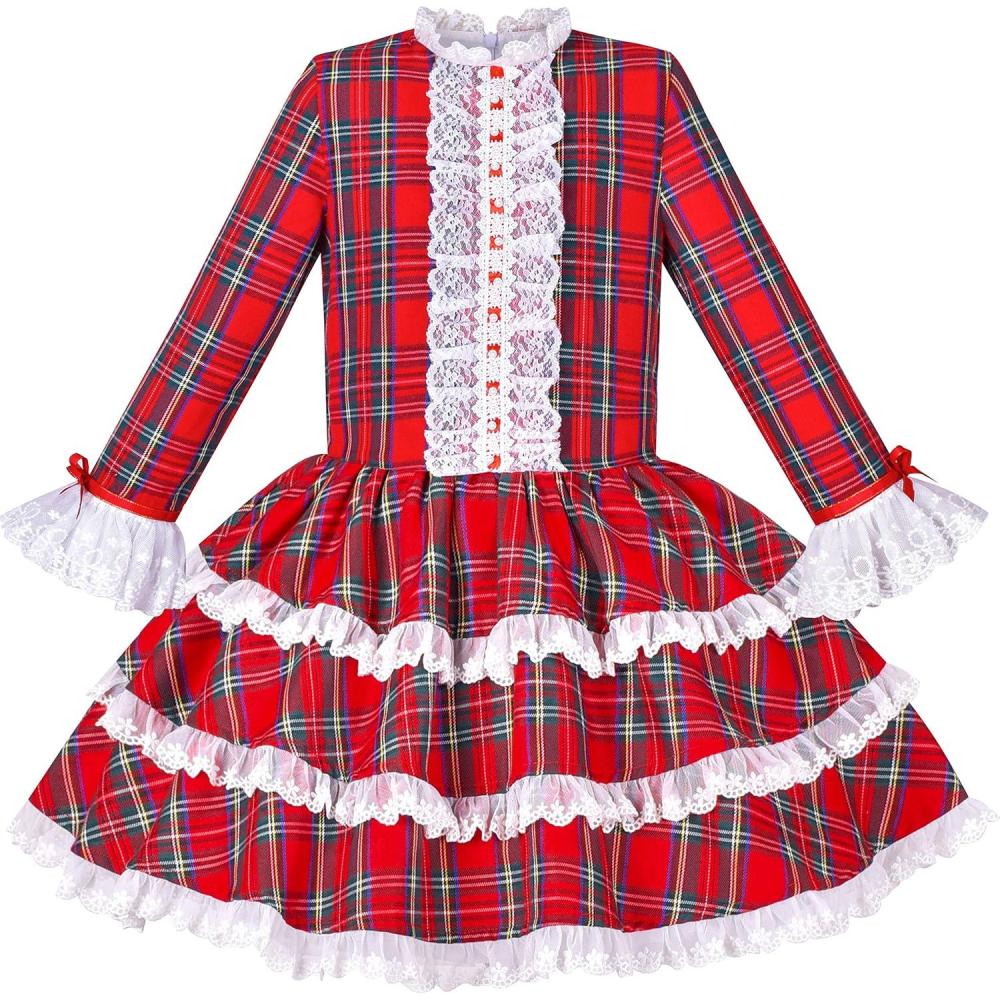 imageSunny Fashion Girls Dress Red Checkered Lace Ruffle Skirt Long Sleeve ChristmasRed Plaid