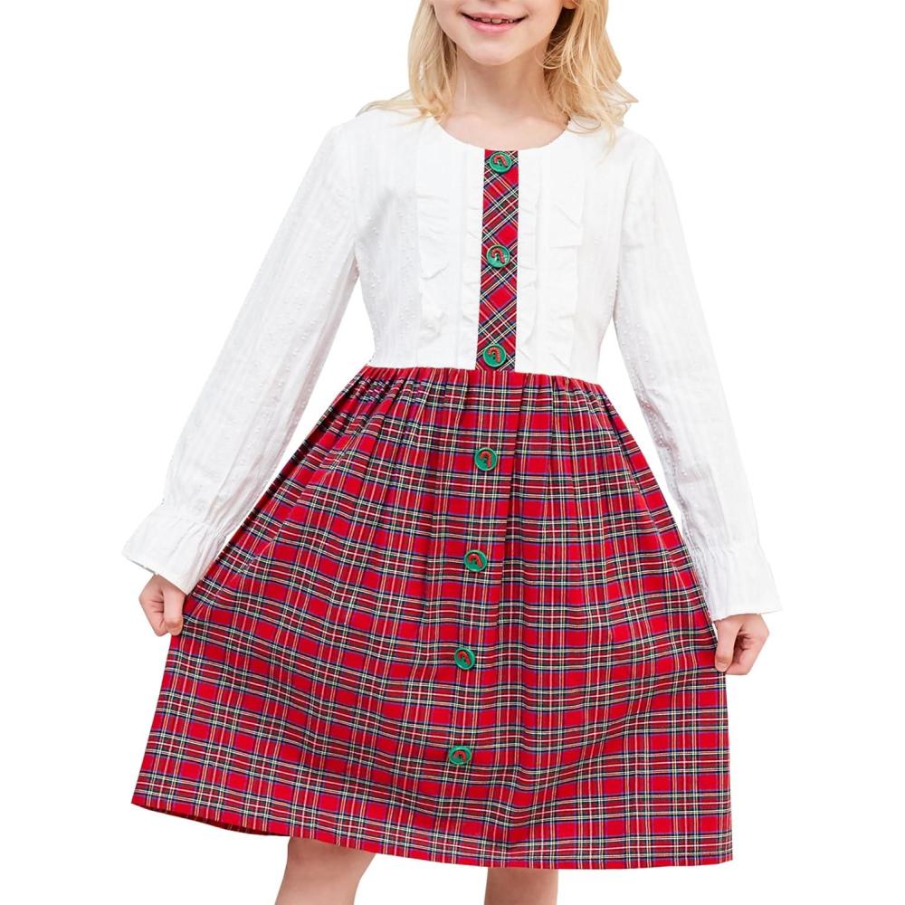 imageSunny Fashion Girls Dress Red Checkered Lace Ruffle Skirt Long Sleeve ChristmasRed White Plaid