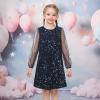 Sunny Fashion Girls Dress Black Sequin Sheer Mesh Long Sleeve Party Elegant Ball Gown(Blue Star)