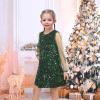 Sunny Fashion Girls Dress Black Sequin Sheer Mesh Long Sleeve Party Elegant Ball Gown(Green)