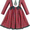 Sunny Fashion Girls Dress Red Checkered Lace Ruffle Skirt Long Sleeve Christmas(Red Plaid Tree)