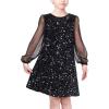 Sunny Fashion Girls Dress Black Sequin Sheer Mesh Long Sleeve Party Elegant Ball Gown(Black)