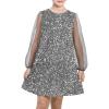 Sunny Fashion Girls Dress Black Sequin Sheer Mesh Long Sleeve Party Elegant Ball Gown(Dark Grey)