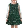 Sunny Fashion Girls Dress Black Sequin Sheer Mesh Long Sleeve Party Elegant Ball Gown(Green)