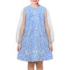 Sunny Fashion Girls Dress Black Sequin Sheer Mesh Long Sleeve Party Elegant Ball Gown(Sky Blue)