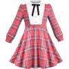 Sunny Fashion Girls Dress Red Checkered Lace Ruffle Skirt Long Sleeve Christmas(Red)