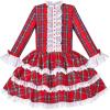 Sunny Fashion Girls Dress Red Checkered Lace Ruffle Skirt Long Sleeve Christmas(Red Plaid)