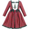 Sunny Fashion Girls Dress Red Checkered Lace Ruffle Skirt Long Sleeve Christmas(Red Plaid Tree)