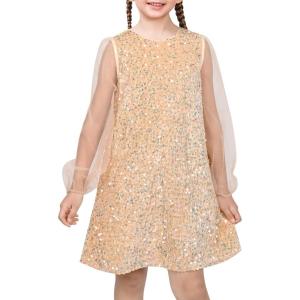 Sunny Fashion Girls Dress Black Sequin Sheer Mesh Long Sleeve Party Elegant Ball Gown(Beige)