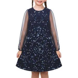 Sunny Fashion Girls Dress Black Sequin Sheer Mesh Long Sleeve Party Elegant Ball Gown(Blue Star)