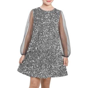 Sunny Fashion Girls Dress Black Sequin Sheer Mesh Long Sleeve Party Elegant Ball Gown(Dark Grey)
