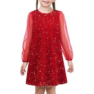 Sunny Fashion Girls Dress Black Sequin Sheer Mesh Long Sleeve Party Elegant Ball Gown(Red Sequin)