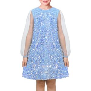 Sunny Fashion Girls Dress Black Sequin Sheer Mesh Long Sleeve Party Elegant Ball Gown(Sky Blue)