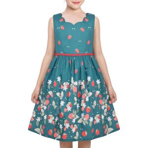 Sunny Fashion Girls Dress Green Strawberry Floral Zigzag Cute Sleeveless Casual Holiday Size 4-12(Green)
