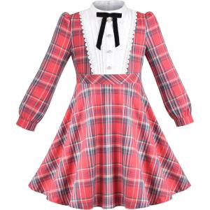 Sunny Fashion Girls Dress Red Checkered Lace Ruffle Skirt Long Sleeve Christmas(Red)