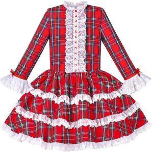 Sunny Fashion Girls Dress Red Checkered Lace Ruffle Skirt Long Sleeve Christmas(Red Plaid)