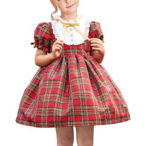 Sunny Fashion Girls Dress Red Checkered Lace Ruffle Skirt Long Sleeve Christmas(Red Plaid Check)
