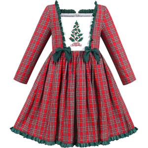 Sunny Fashion Girls Dress Red Checkered Lace Ruffle Skirt Long Sleeve Christmas(Red Plaid Tree)