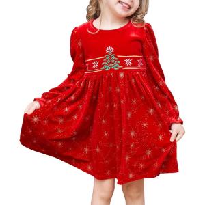 Sunny Fashion Girls Dress Red Checkered Lace Ruffle Skirt Long Sleeve Christmas(Red Velvet)