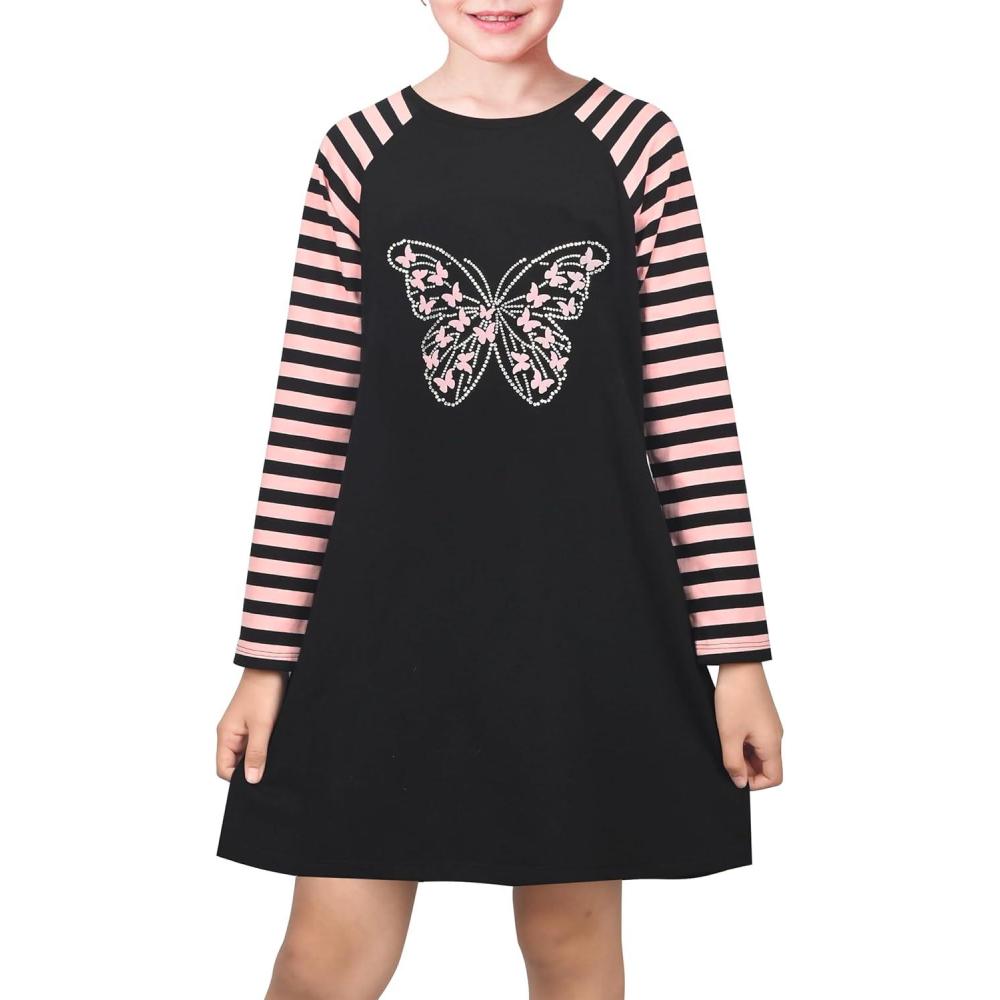 imageSunny Fashion Girls Dress Long Sleeve Butterfly Color Contrast Casual WearingBlack Butterfly