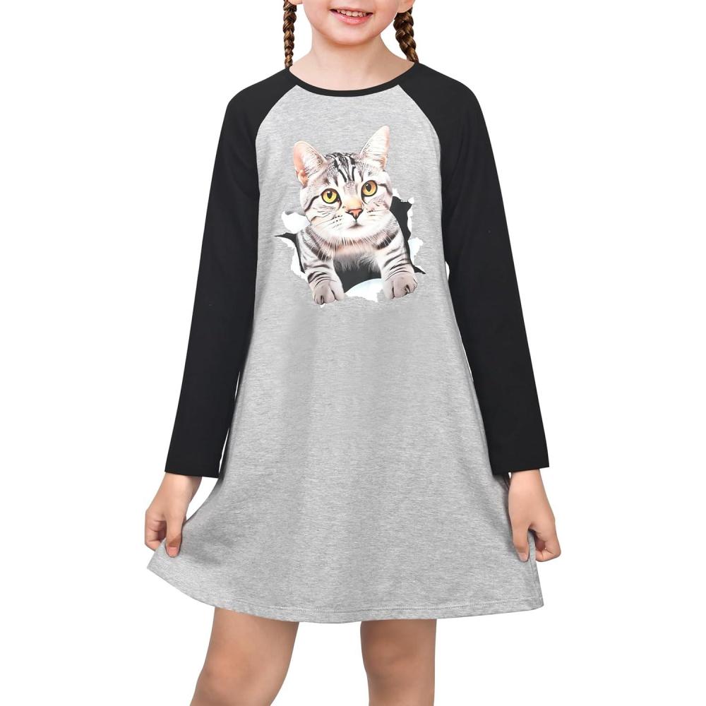 imageSunny Fashion Girls Dress Long Sleeve Butterfly Color Contrast Casual WearingGray Cat