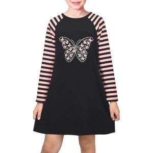 Sunny Fashion Girls Dress Long Sleeve Butterfly Color Contrast Casual Wearing(Black Butterfly)