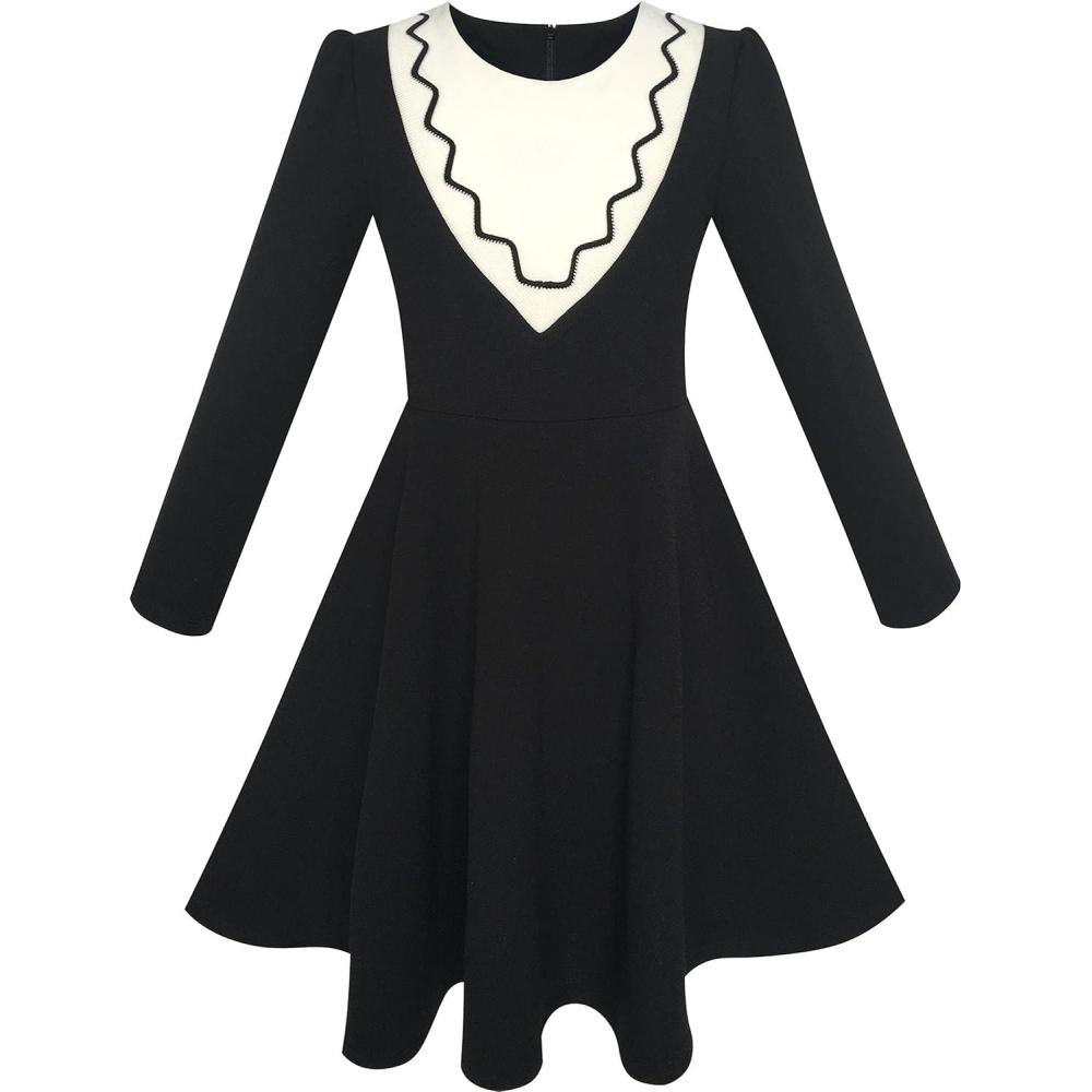 imageSunny Fashion Girls Dress School White Collar Long Sleeve Striped Size 412Black 2