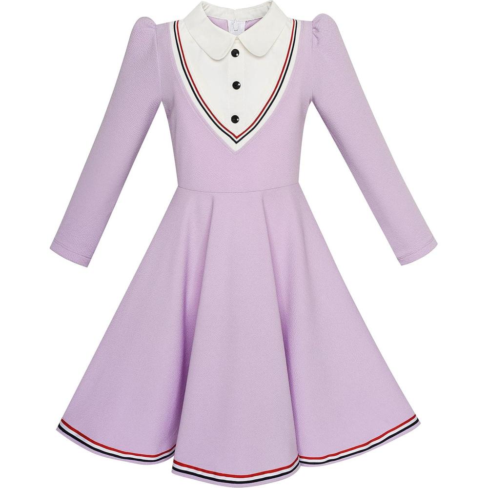 imageSunny Fashion Girls Dress School White Collar Long Sleeve Striped Size 412Purple