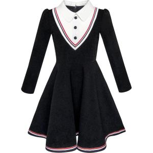 Sunny Fashion Girls Dress School White Collar Long Sleeve Striped Size 4-12(Black)