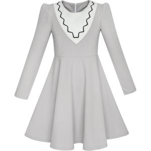 Sunny Fashion Girls Dress School White Collar Long Sleeve Striped Size 4-12(Gray)