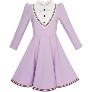 Sunny Fashion Girls Dress School White Collar Long Sleeve Striped Size 4-12(Purple)