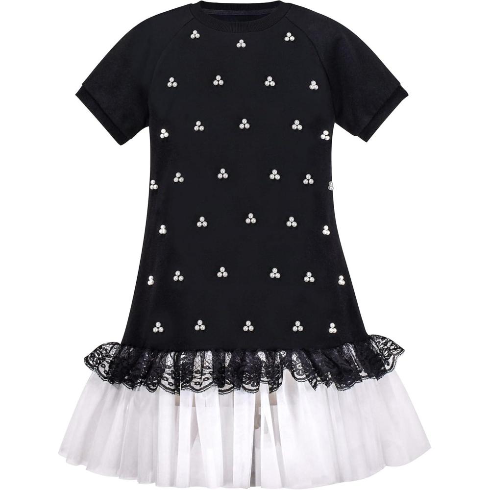 imageSunny Fashion Girls Black Tee Dress Pearl Lace White Mini Tulle Casual Size 510Black