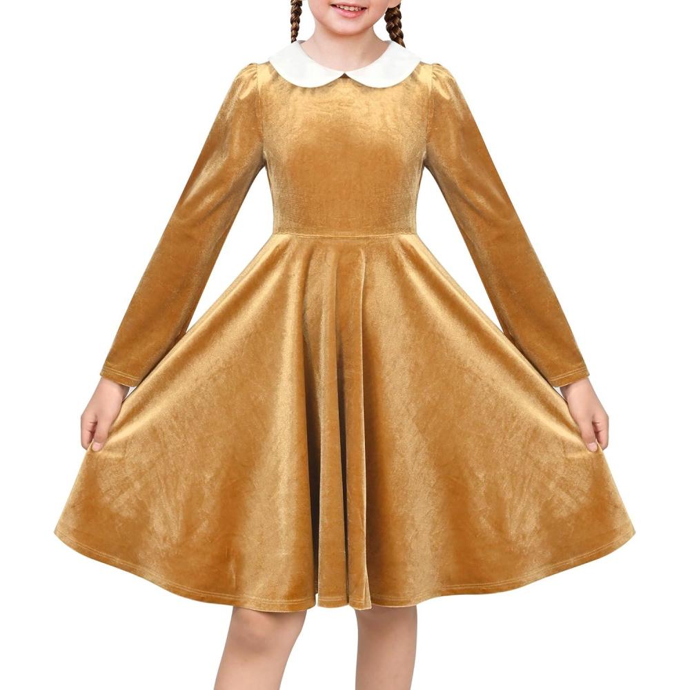 imageSunny Fashion Girls Dress Glitter Golden Star White Collar Casual Warm WinterGold Velvet