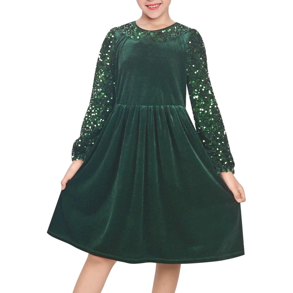 imageSunny Fashion Girls Dress Glitter Golden Star White Collar Casual Warm WinterGreen Sequin