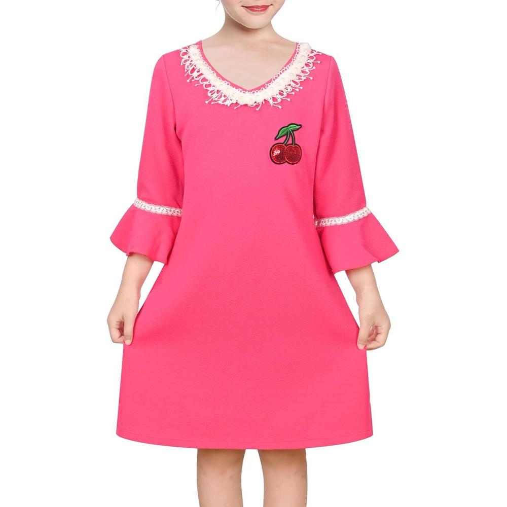 imageSunny Fashion Girls Dress Lace Trim Bell Sleeve Cherry Applique Pearl ALine Casual Size 38Bright Pink