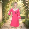 Sunny Fashion Girls Dress Lace Trim Bell Sleeve Cherry Applique Pearl A-Line Casual Size 3-8(Bright Pink)