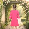 Sunny Fashion Girls Dress Lace Trim Bell Sleeve Cherry Applique Pearl A-Line Casual Size 3-8(Bright Pink)
