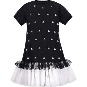 Sunny Fashion Girls Black Tee Dress Pearl Lace White Mini Tulle Casual Size 5-10(Black)