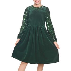 Sunny Fashion Girls Dress Glitter Golden Star White Collar Casual Warm Winter(Green Sequin)
