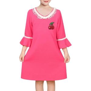 Sunny Fashion Girls Dress Lace Trim Bell Sleeve Cherry Applique Pearl A-Line Casual Size 3-8(Bright Pink)