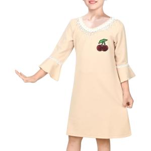 Sunny Fashion Girls Dress Lace Trim Bell Sleeve Cherry Applique Pearl A-Line Casual Size 3-8(Light Yellow)