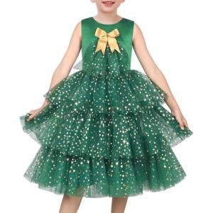 Sunny Fashion Girls Dress Birthday Princess Ruffle Dress Cake Balloon Print(Green Xmas)