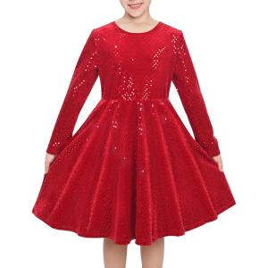 Sunny Fashion Girls Dress Unicorn Rainbow Long Sleeve Casual Dress Size 3-8(Red Sequin)