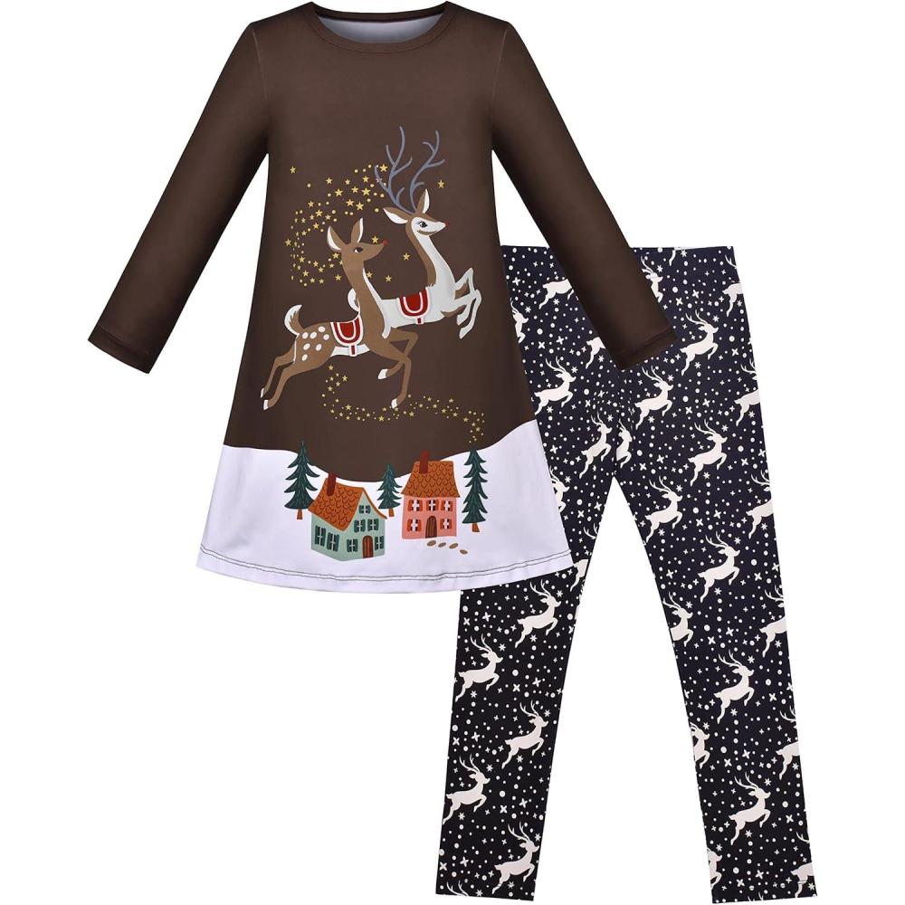 imageSunny Fashion Girls Outfit Set 2 Piece Cotton Heart Casual Dresss Top PantsBrown Reindeer