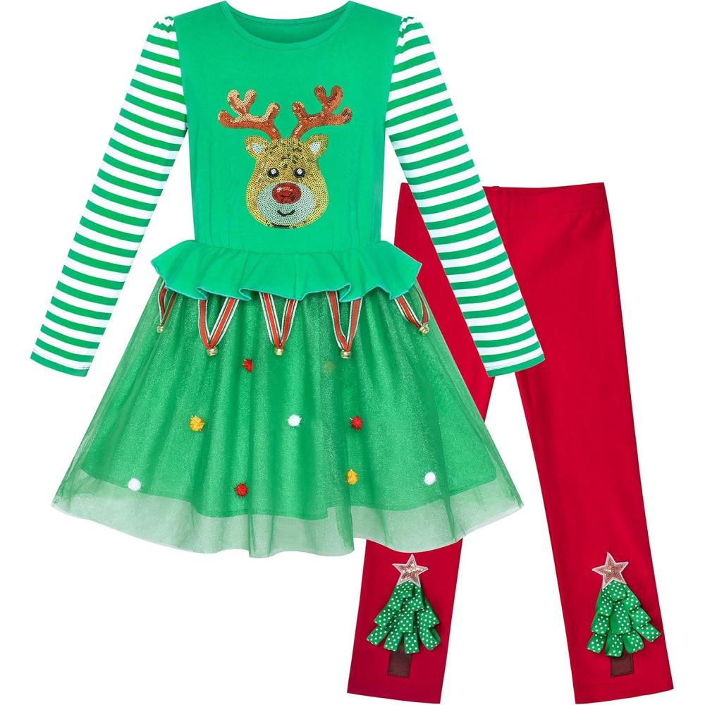 imageSunny Fashion Girls Outfit Set 2 Piece Cotton Heart Casual Dresss Top PantsGreen Reindeer