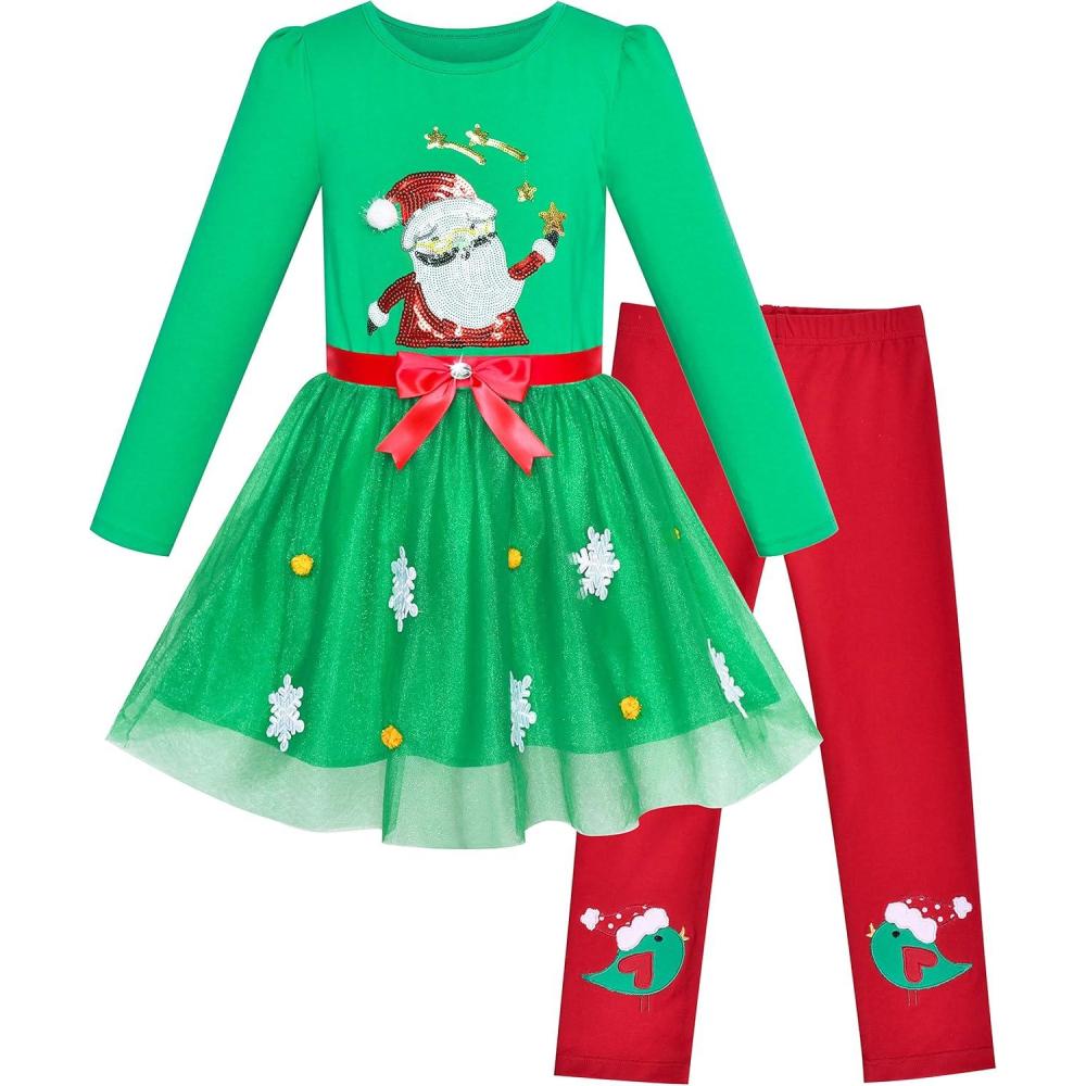 imageSunny Fashion Girls Outfit Set 2 Piece Cotton Heart Casual Dresss Top PantsGreen Santa