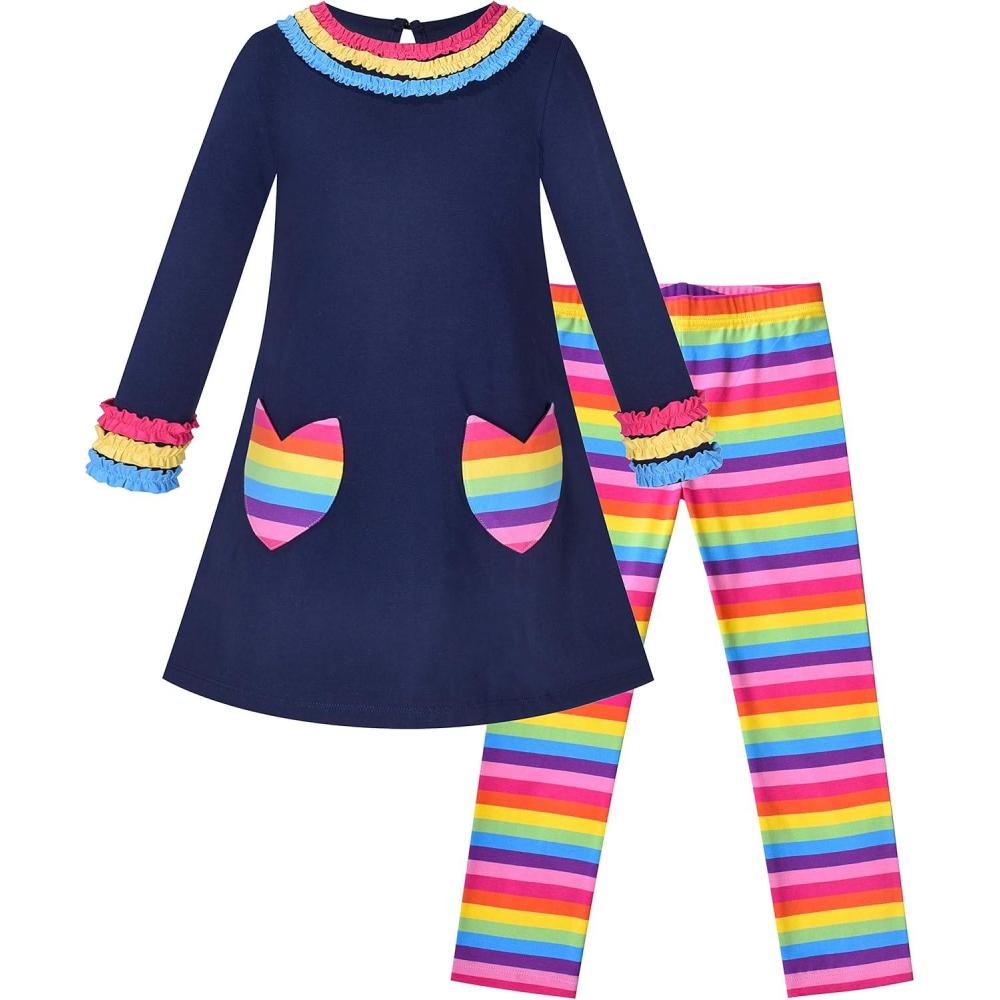 imageSunny Fashion Girls Outfit Set 2 Piece Cotton Heart Casual Dresss Top PantsRainbow Heart