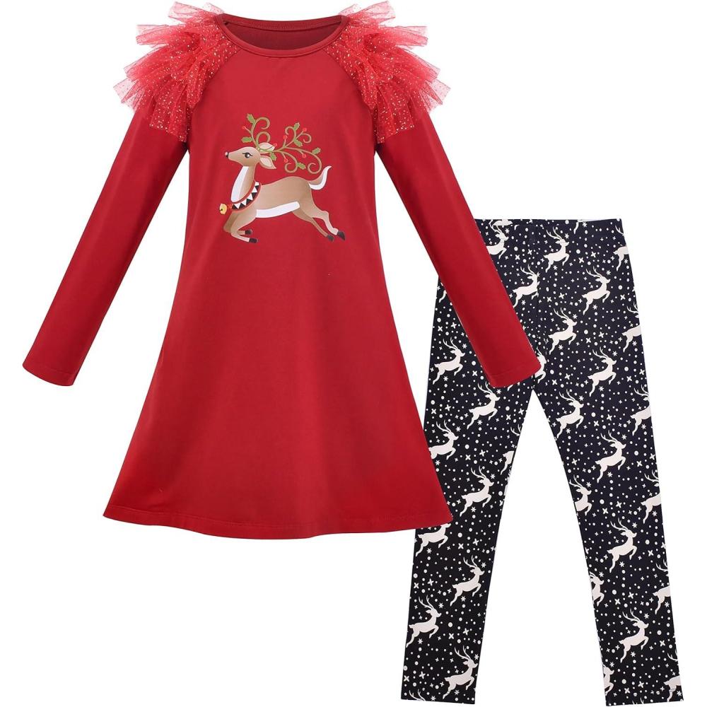 imageSunny Fashion Girls Outfit Set 2 Piece Cotton Heart Casual Dresss Top PantsRed Reindeer