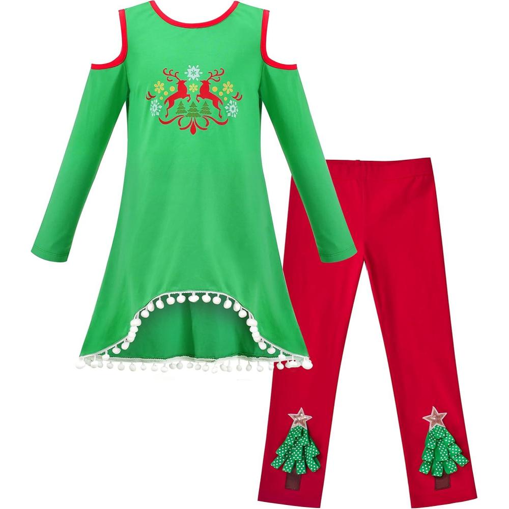 imageSunny Fashion Girls Outfit Set 2 Piece Cotton Heart Casual Dresss Top PantsRed Tree